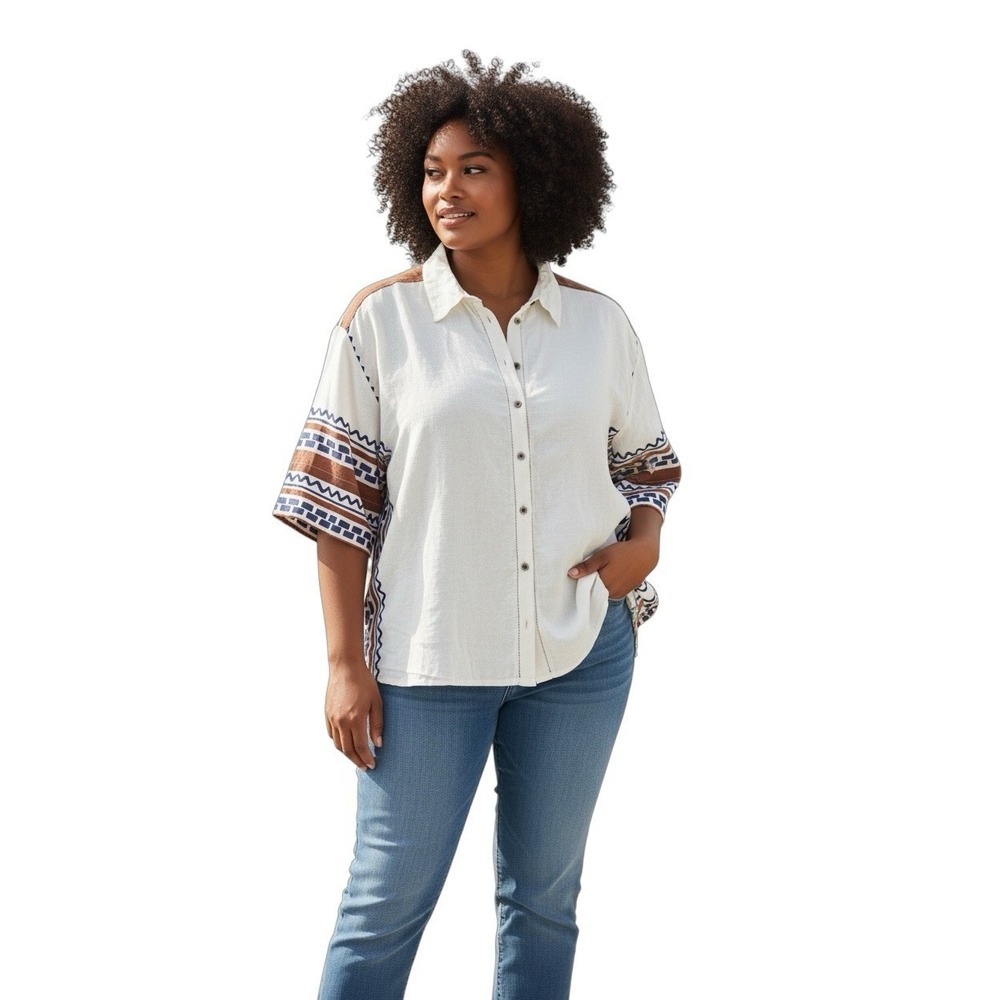 Anthropologie White linen Blend Tunic Shirt Aztec Print 1X‎